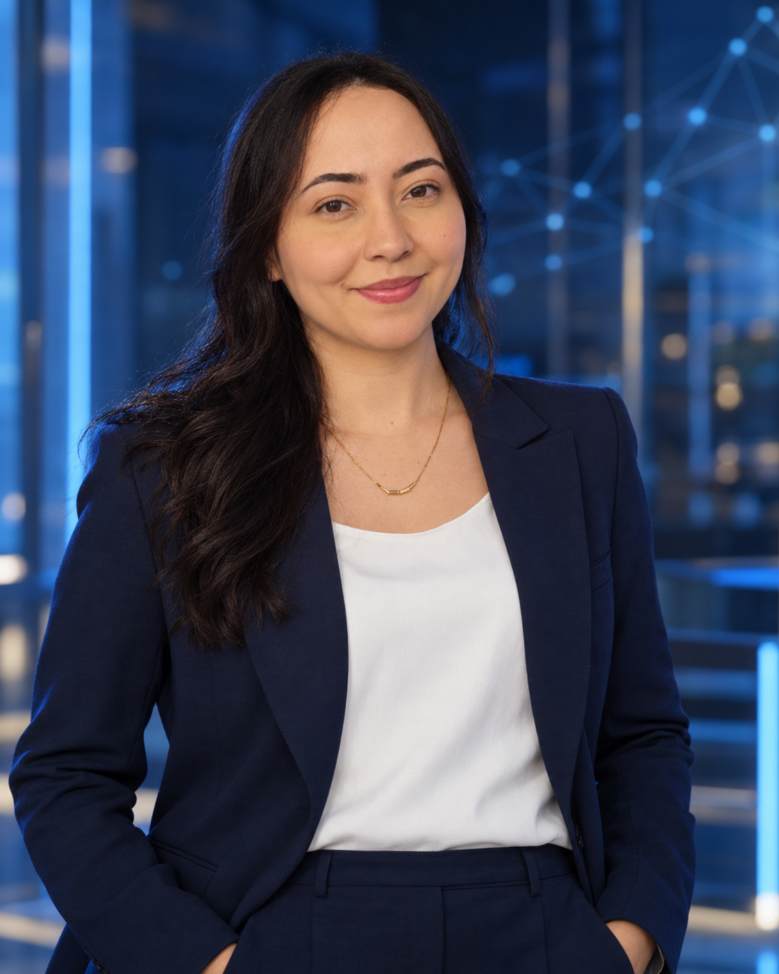 Retrato profissional de Edielle Moura com blazer azul-marinho e fundo em tons de azul